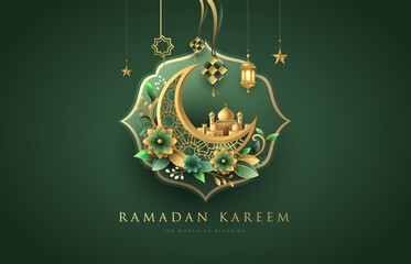 Elegant Ramadan Kareem design on dark green background with gold ornament star, moon, flowers and lanterns. Raya and ramadan template design for poster, banner and greeting cards.