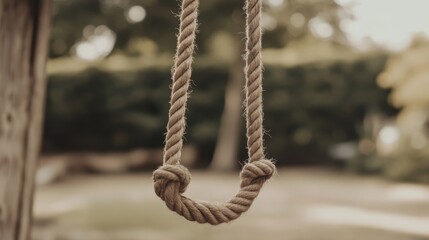 Fototapeta premium Close-up of a thick, knotted rope hanging outdoors, blurred background.