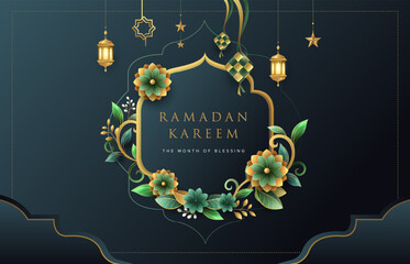 Beautiful Ramadan Kareem design template with flowers and gold islamic lanterns, star and moon. Raya and ramadan template design for poster, banner and greeting cards.