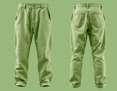 Sage Green Chino Pants: Front and Back View.  High-quality Mockup for Fashion Design or E-commerce.