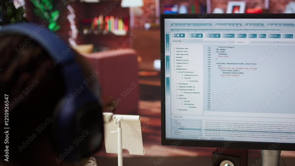 Fototapete Engineer in home office looking at UI on computer monitor, typing and executing programming code. Close up of person using coding application to write and test code in modern apartment, camera A
