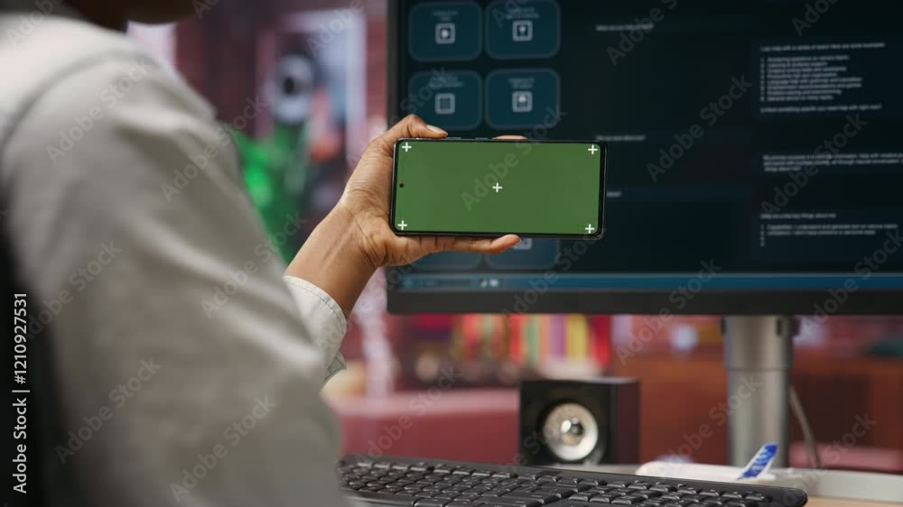Poster woman using green screen smartphone to learn how to use ai llm chatbot on computer screen in home of