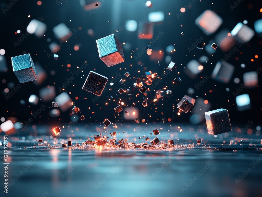 Poster floating geometric shapes create a mesmerizing display of light and movement in a digital environmen