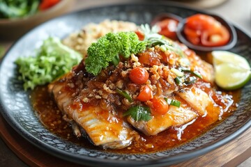panggang walleye dengan kentang brokoli dan saus kaviar with generative ai