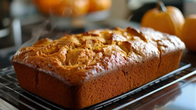 Steaming pumpkin bread on cooling rack with autumn vibes and gourmet appeal