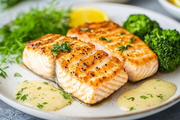 panggang walleye dengan kentang brokoli dan saus kaviar with generative ai