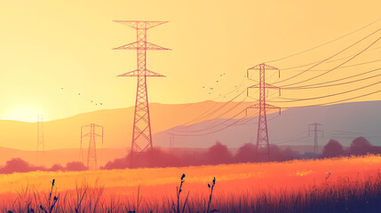 Fototapeta premium High voltage steel power pylons in field. transmission of electricity through high-voltage wires. Electric Fields. Illustration