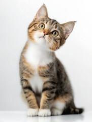 Obraz premium gray kitten looking with attention and curiosity, sitting calmly on white background