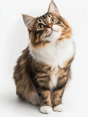 Obraz premium portrait of a fluffy cat looking up with curiosity on a white background