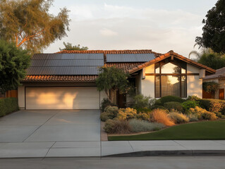 Obraz premium house with solar panels at sunset 