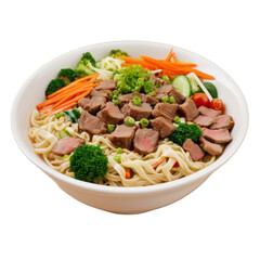 A bowl of Noodles with meat and vegetables, transparent background