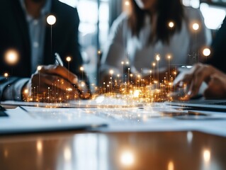 Collaborative brainstorming session with digital data visualization in a modern office setting