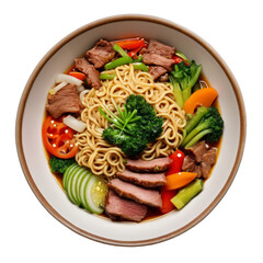 A bowl of Noodles with meat and vegetables, transparent background