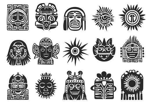black and white, depicting various ancient symbols from the Inca civilization on an isolated background.