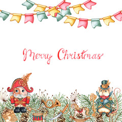 Nutcracker and Mouse King with fir branches, pine cones, garland with flags watercolor illustration. Forest plants for winter Christmas and New Year decoration isolated from background. Banner, frame,
