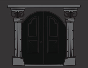 Elegant wooden double door with stone columns and lintel on dark background