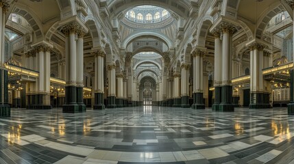 Grand mosque interior, ornate columns, reflective floor, peaceful background, architectural photography