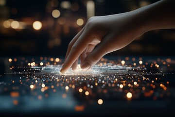 Digital interaction with a glowing touchscreen in a dark environment showcasing modern technology