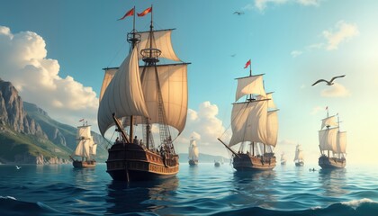 Ancient Greek, Roman ships sail in serene Mediterranean sea. Multiple vessels explore coastal waters near mountains. Maritime trade conquest implied. Sailors navigate historic waters. Seafaring