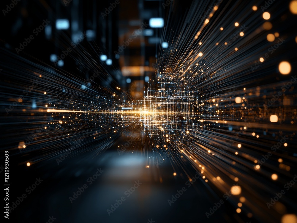 Poster abstract visualization of light speed effect through a digital space filled with glowing particles a