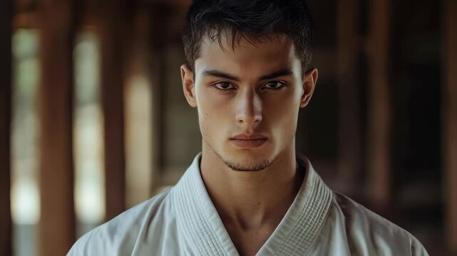Intense karate focus in traditional dojo setting