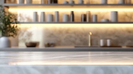 Modern kitchen countertop, marble, shelves, backlighting, product display
