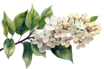 Spring lilac flowers, watercolor on white background