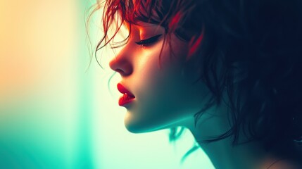 Side profile of a serene woman with glowing highlights in her hair