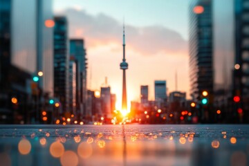 Sunset over downtown Toronto with CN Tower and urban skyscrapers reflecting golden light