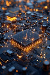 Close-up view of a glowing microprocessor on a circuit board at night showcasing intricate electronic components and circuitry