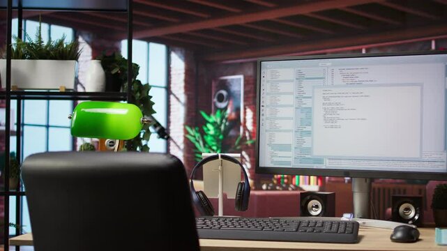 Software development and coding being done on PC, implementing algorithms. Code editor on computer screen in home office used for building applications and optimizing performance