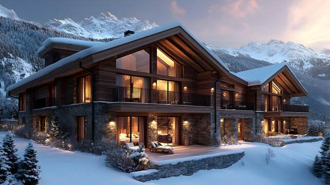 Luxury Mountain Chalet in Snowy Alpine Landscape at Dusk - Powered by Adobe