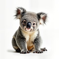 Fototapeta premium Adorable koala sits on white background. Cute animal looks directly at camera. Fluffy fur shows details. Wildlife portrait. Perfect for nature lovers. Koala isolated, displayed beautifully. Wildlife,