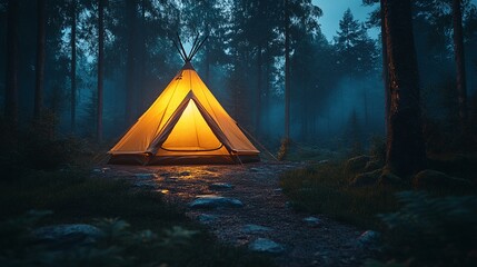 A night scene with a tent glowing softly from the inside, surrounded by a dark, starry forest. 249