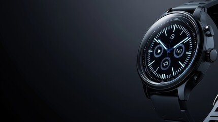Sleek Black Smartwatch with Modern Interface and Glowing Display on Dark Background