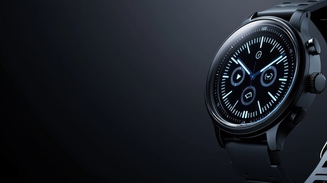 Sleek Black Smartwatch with Modern Interface and Glowing Display on Dark Background