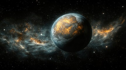 Obraz premium A vibrant exoplanet with swirling nebulae in deep space.