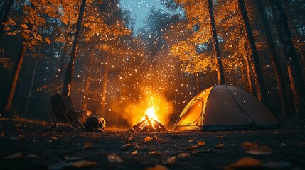 A tent by a campfire in a forest at night, with the firelight illuminating the surrounding trees and the stars above. 290
