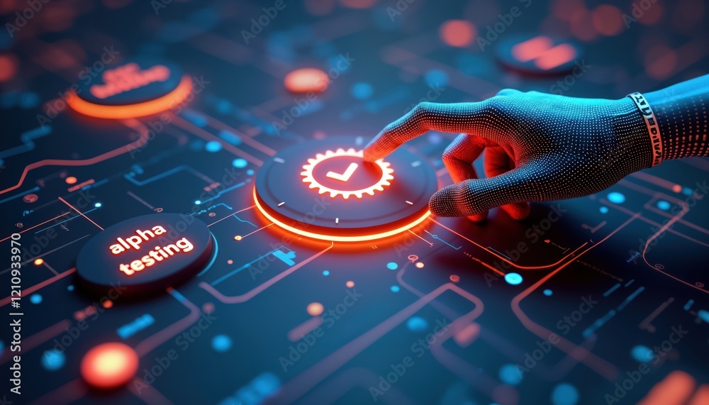 Poster futuristic software development interface with glowing buttons. alpha testing phase highlighted. han