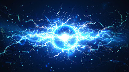 Abstract glowing blue futuristic energy plasma wave with bright core magical dynamic electric particles on a dark blue background depth of field. Electric Fields. Illustration
