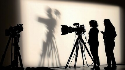 podcaster using still and video camera, silhouette Photographer and videographer in background  