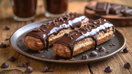 Chocolate Eclairs, Dessert, Wooden Table, Background, Food Photography