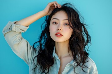 Pretty young Asian woman wiping hair on light blue background with space for text.