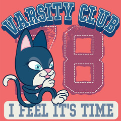 Illustration of a cat with big eyes, eyelashes, and big ears, a sports mascot, college or varsity texts, rhinestones, and baseball and soccer patches, trendy color.