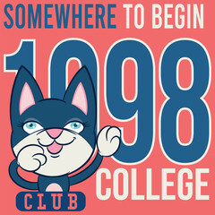 Illustration of a cat with big eyes, eyelashes, and big ears, a sports mascot, college or varsity texts, rhinestones, and baseball and soccer patches, trendy color.