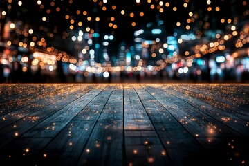 Beautifully lit city street with sparkling lights and wooden flooring creates a festive atmosphere at night