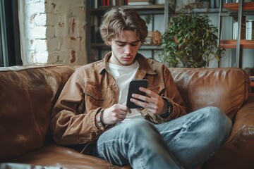 Obraz premium Sad and depressed man alone at home sitting on sofa, freelancer in casual clothes holding smartphone.