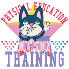 Illustration of a cat with big eyes, eyelashes, and big ears, a sports mascot, college or varsity texts, rhinestones, and baseball and soccer patches, trendy color.