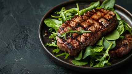Indulge in a delicious Grilled Steak with Fresh Salad on a Ceramic Plate, a true gourmet cuisine experience