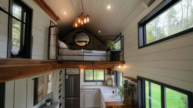 Modern tiny home interior with loft and large windows in wooded setting